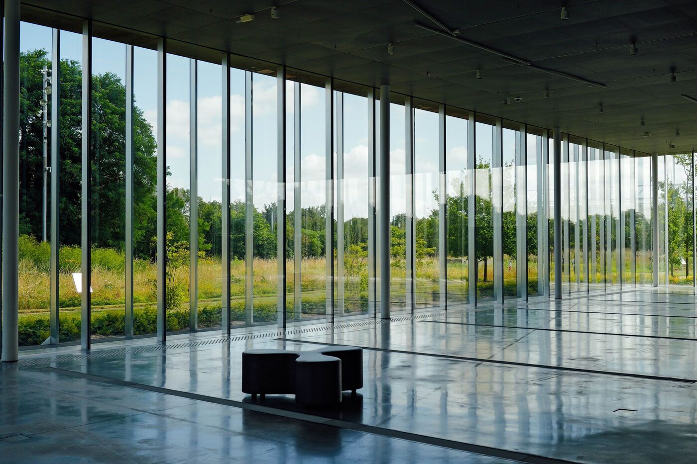 Prosklená stěna z neotvíravých tabulí s výhledem na louku